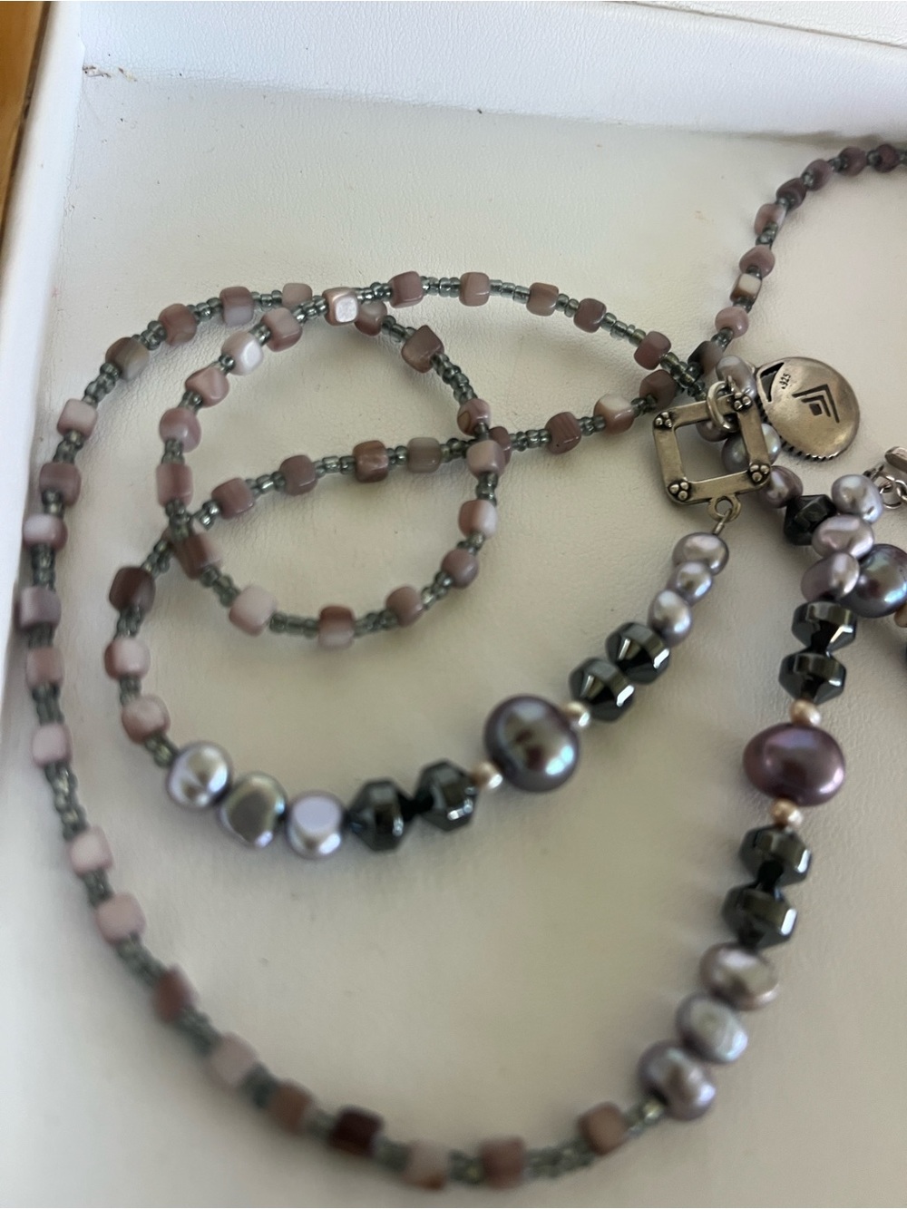 Sparta hematite gray pearl 925 silver lariat toggle 34 inch necklace